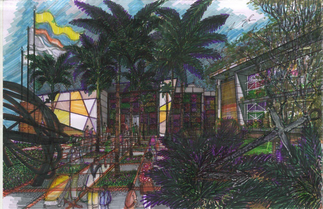 Un cuadro de una ciudad con palmeras y banderas