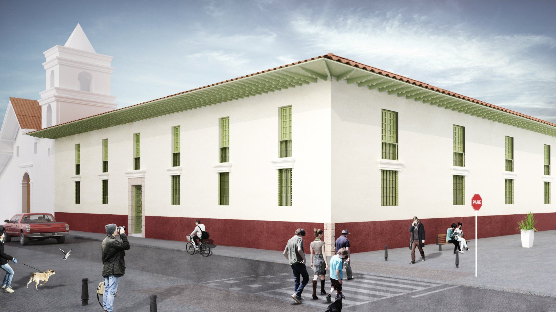 Una impresión artística de un edificio con una señal de alto delante