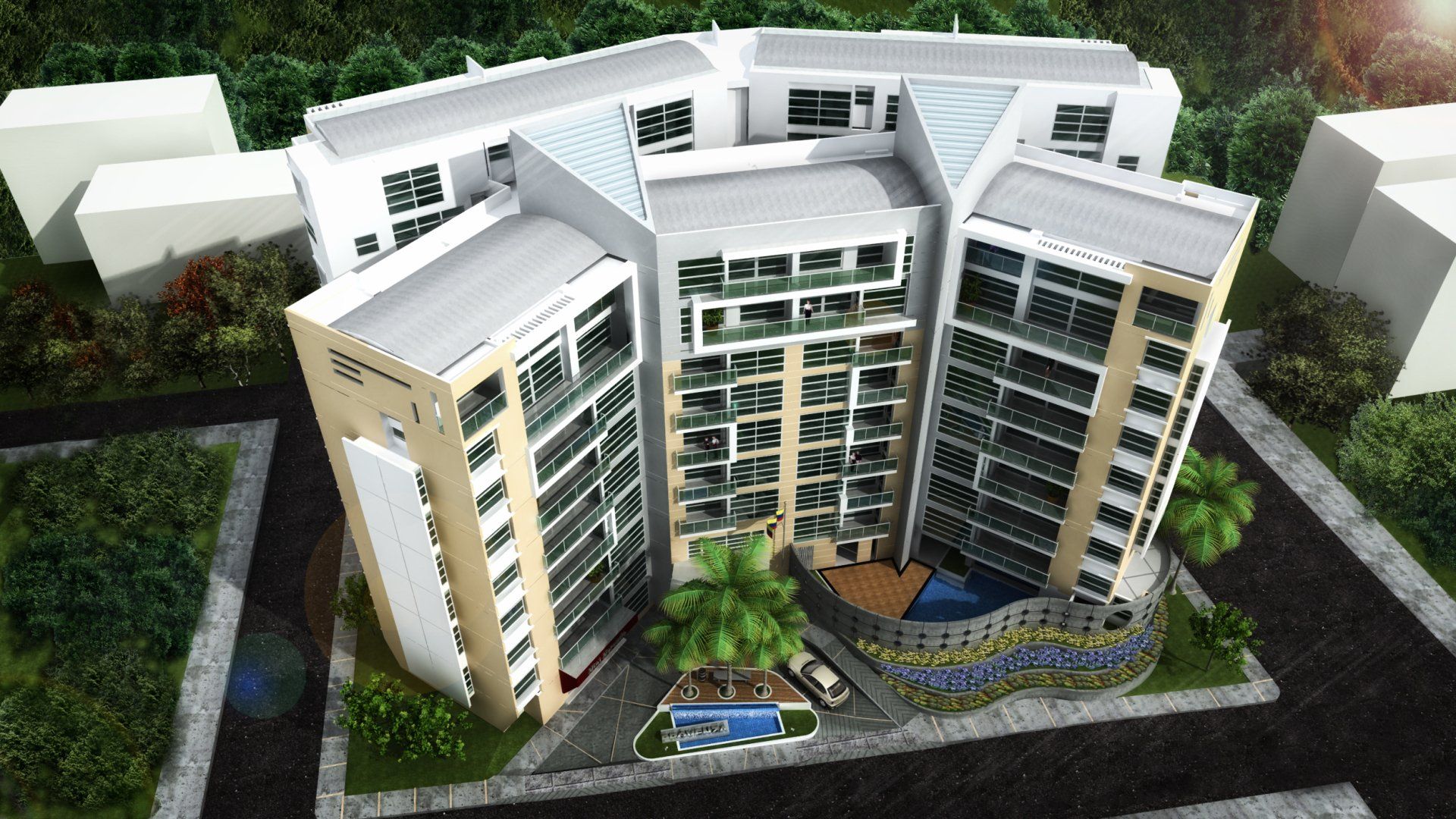 Una vista aérea de un edificio grande con muchas ventanas