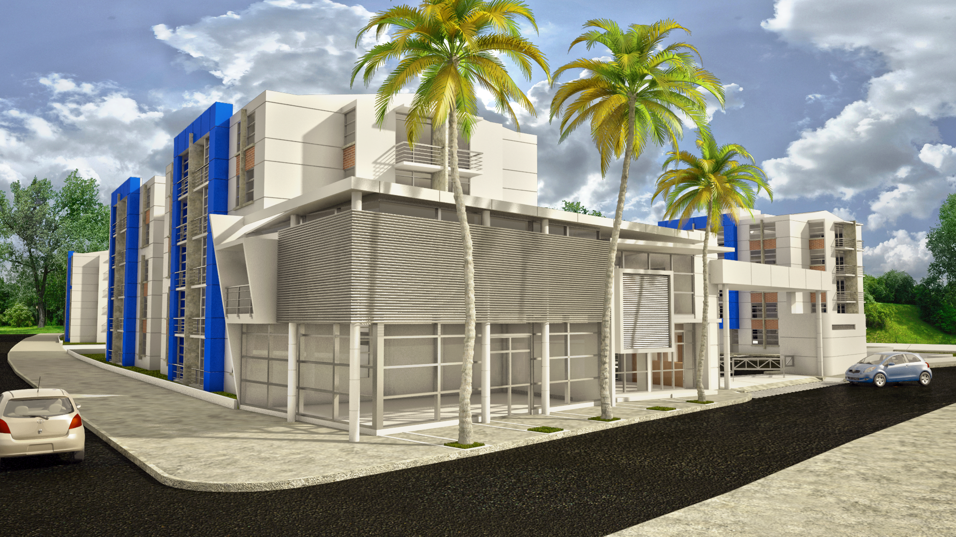 Un edificio azul y blanco con palmeras frente a él