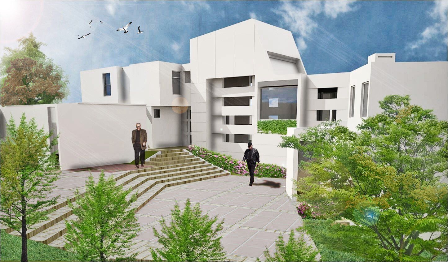 Una impresión artística de una casa moderna con escaleras que conducen a ella