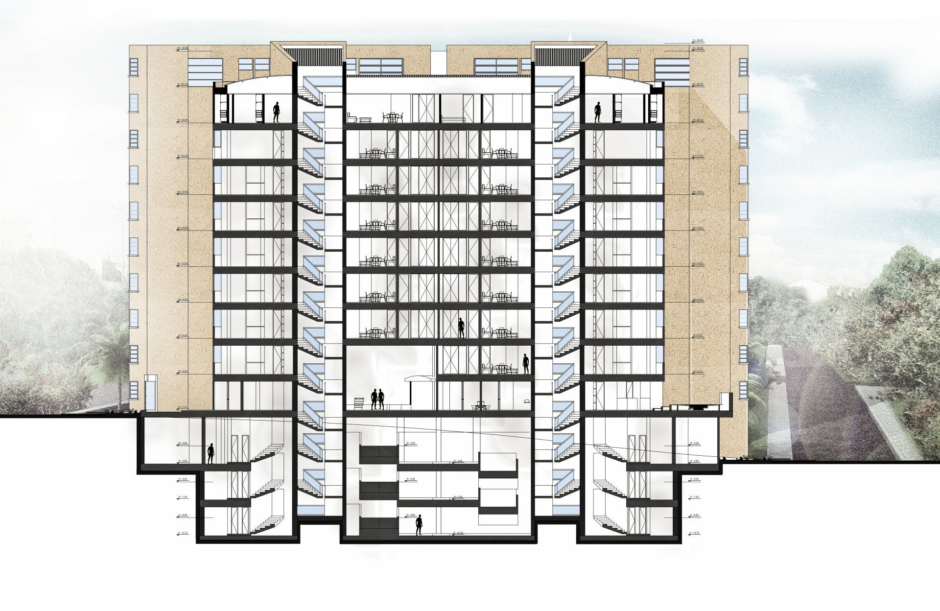 Una sección transversal de un edificio con muchas ventanas