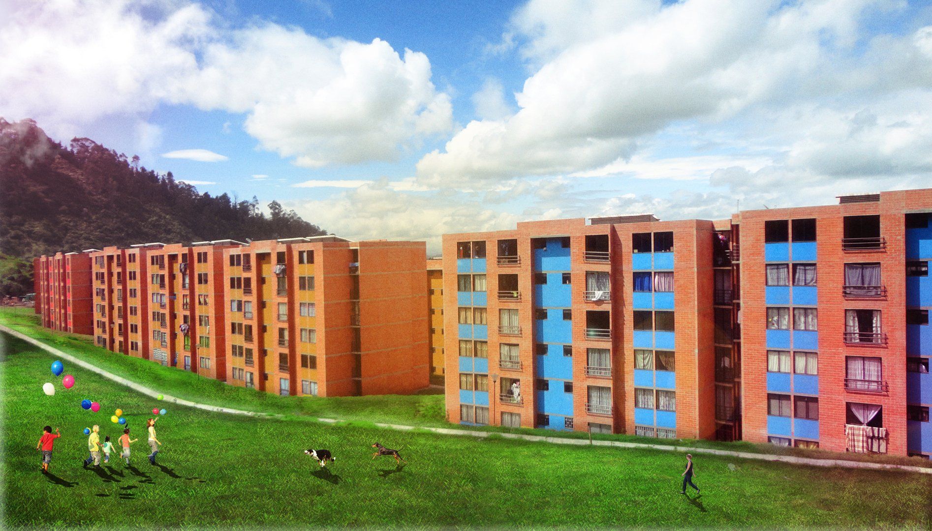 Una hilera de altos edificios de ladrillo con ventanas azules