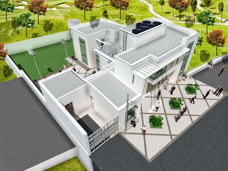 Una vista aérea de un gran edificio blanco con árboles al fondo