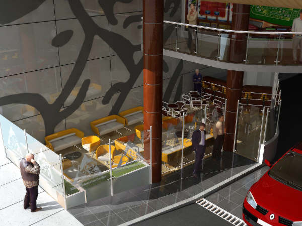 Un coche rojo está aparcado frente a un restaurante.