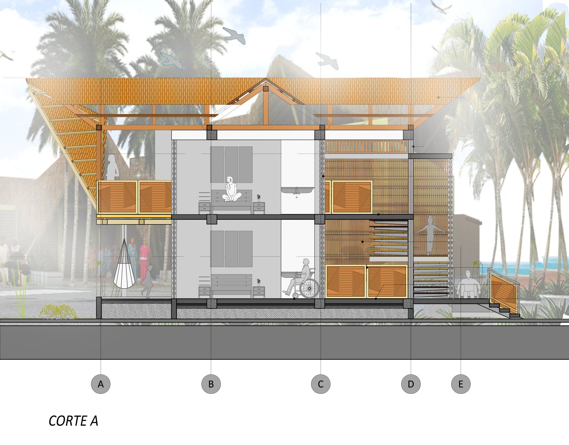 Un dibujo de una casa cortada por la mitad mostrando el interior y el exterior.