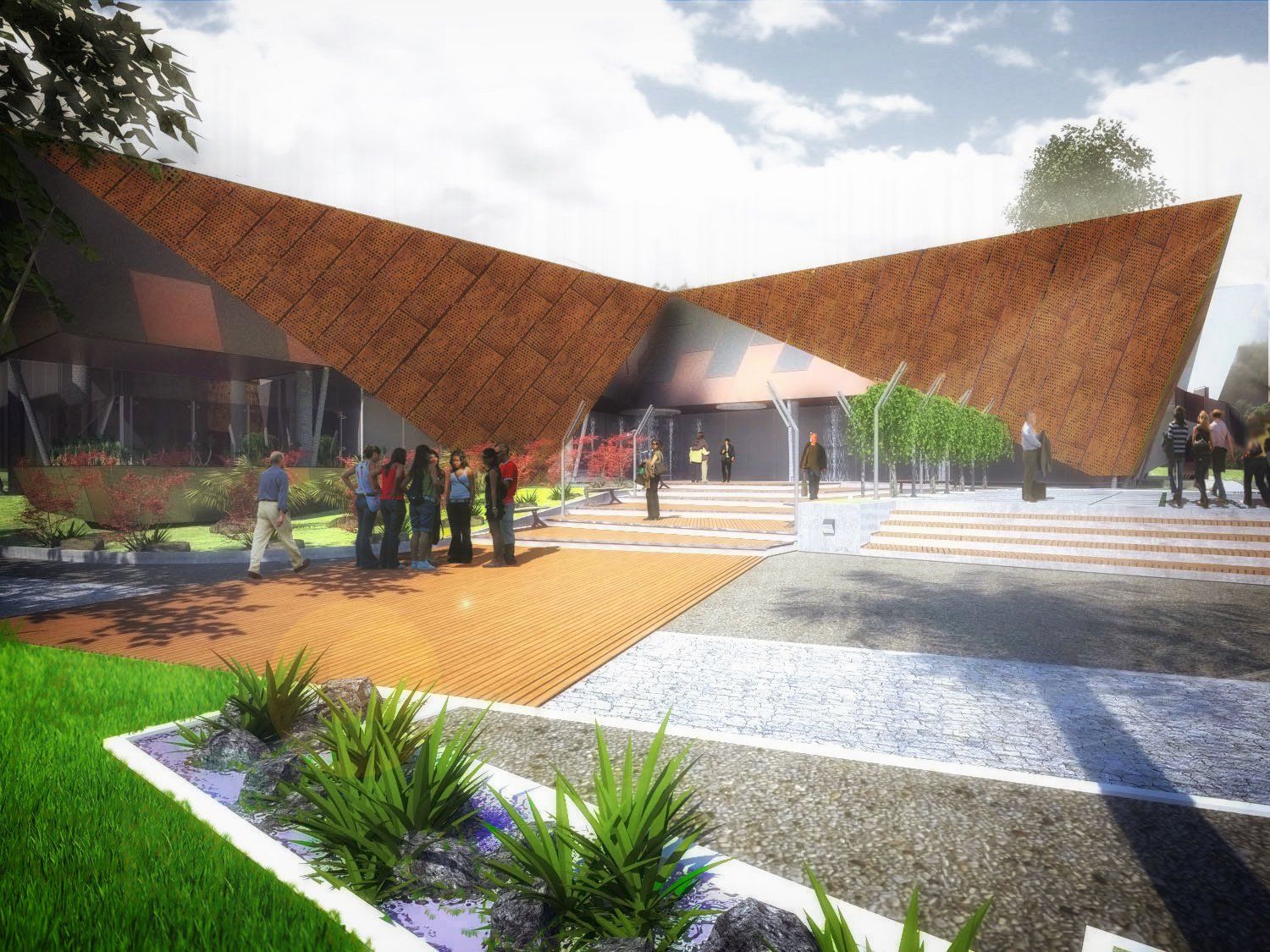 Un grupo de personas está parada frente a un gran edificio.