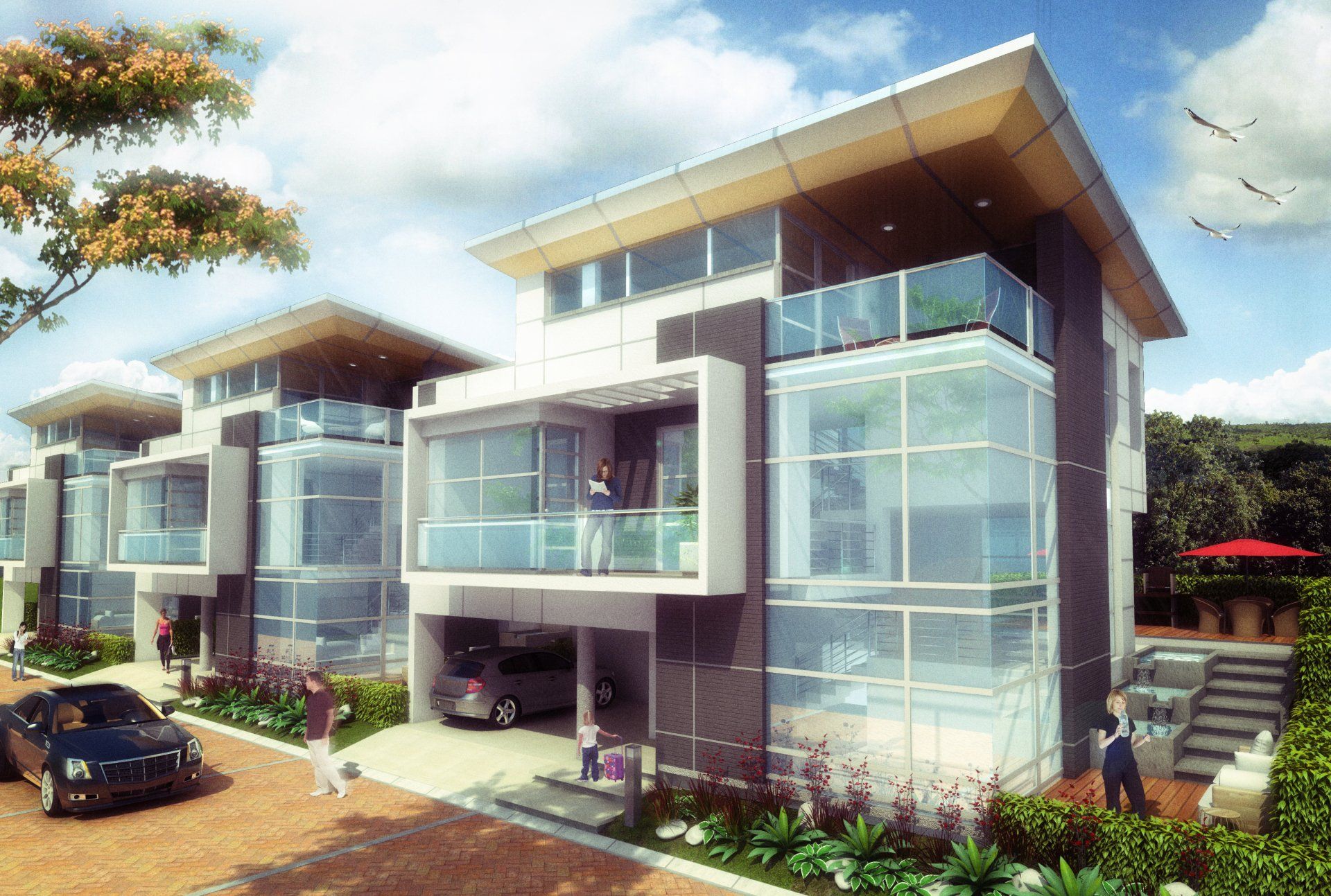 Una impresión artística de una casa moderna con un coche aparcado delante.