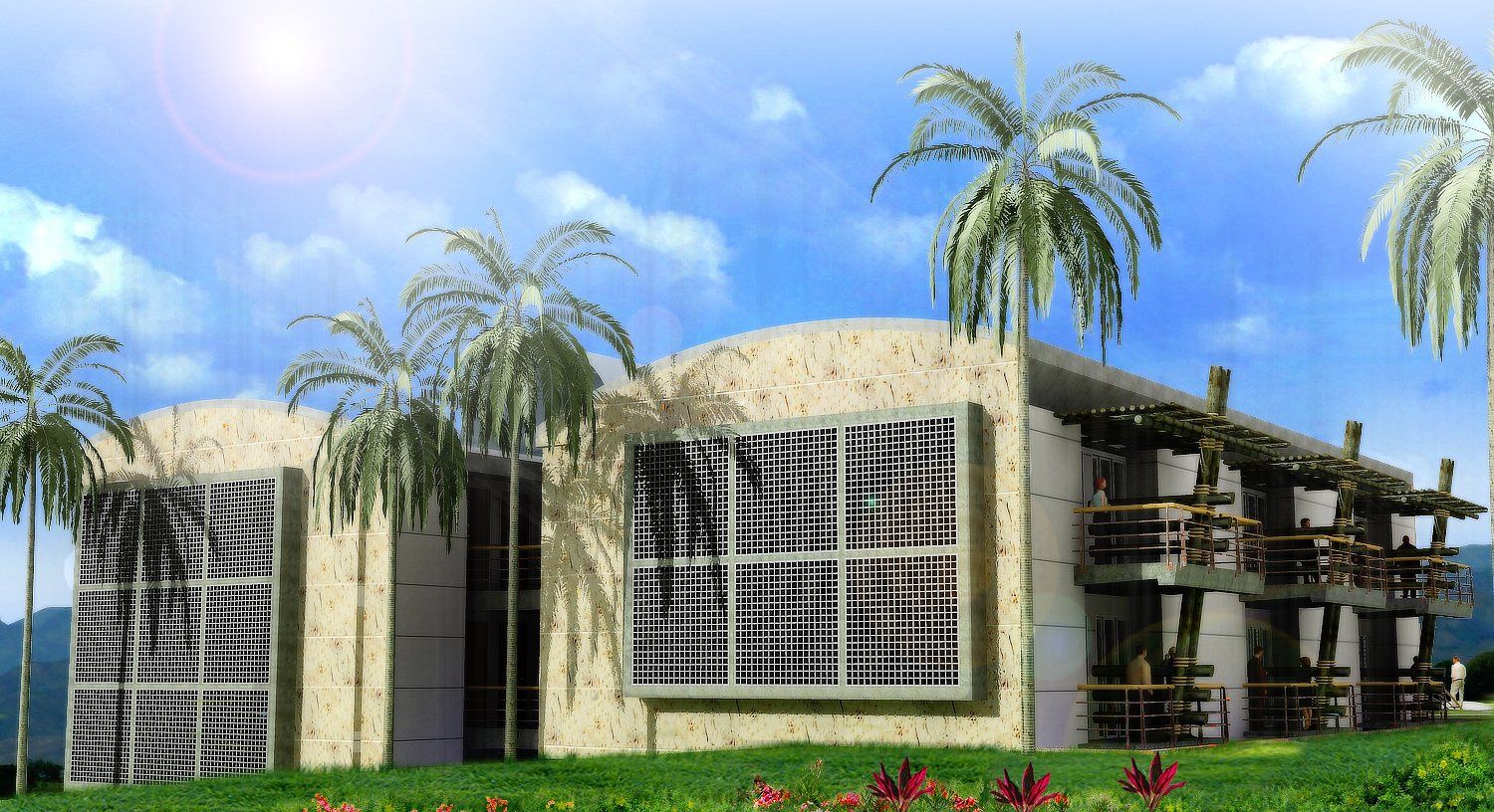 Una impresión artística de un edificio con palmeras al fondo