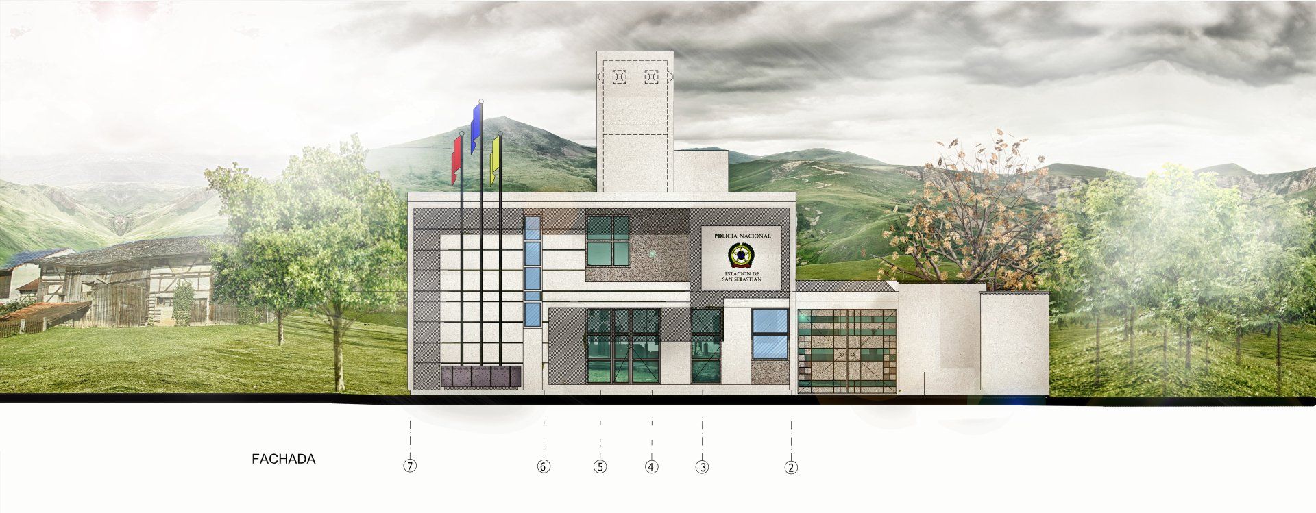 Un dibujo de un edificio con una bandera encima