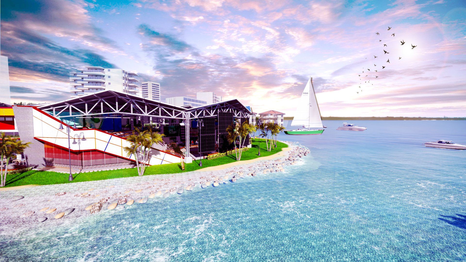 La impresión de un artista de un edificio al lado de una masa de agua.