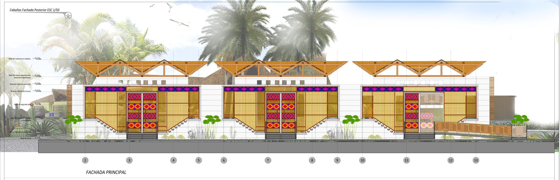 Un dibujo de un edificio con palmeras al fondo