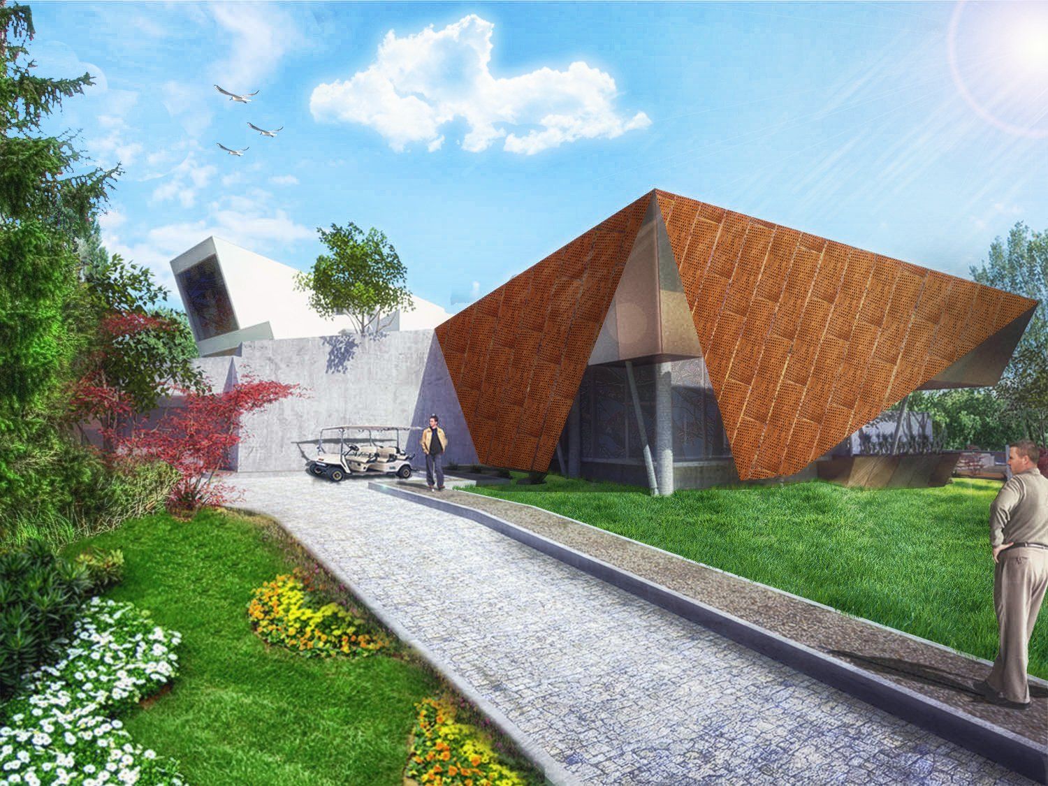 Un hombre está parado frente a un edificio con techo de madera.