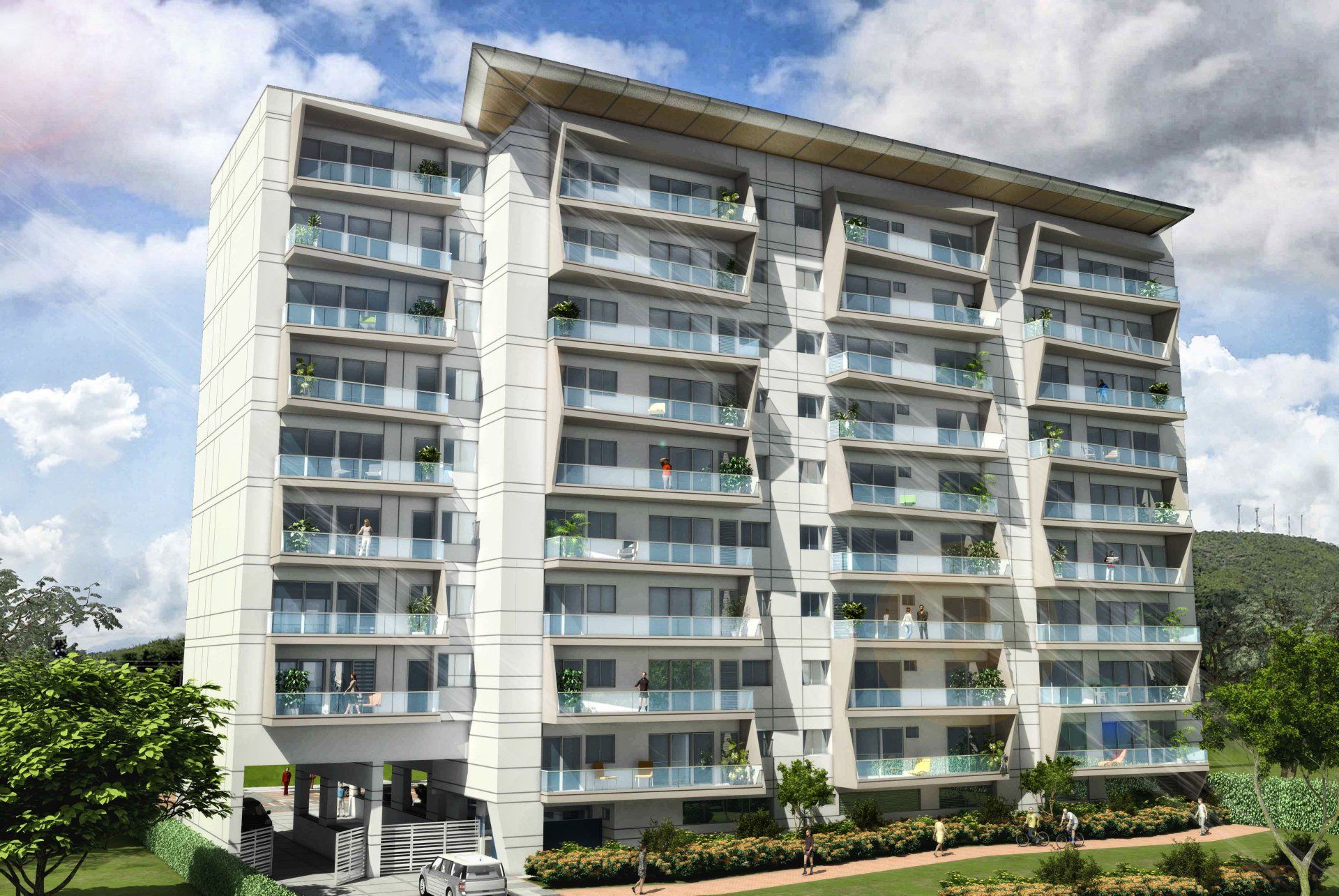 Una impresión artística de un gran edificio de apartamentos