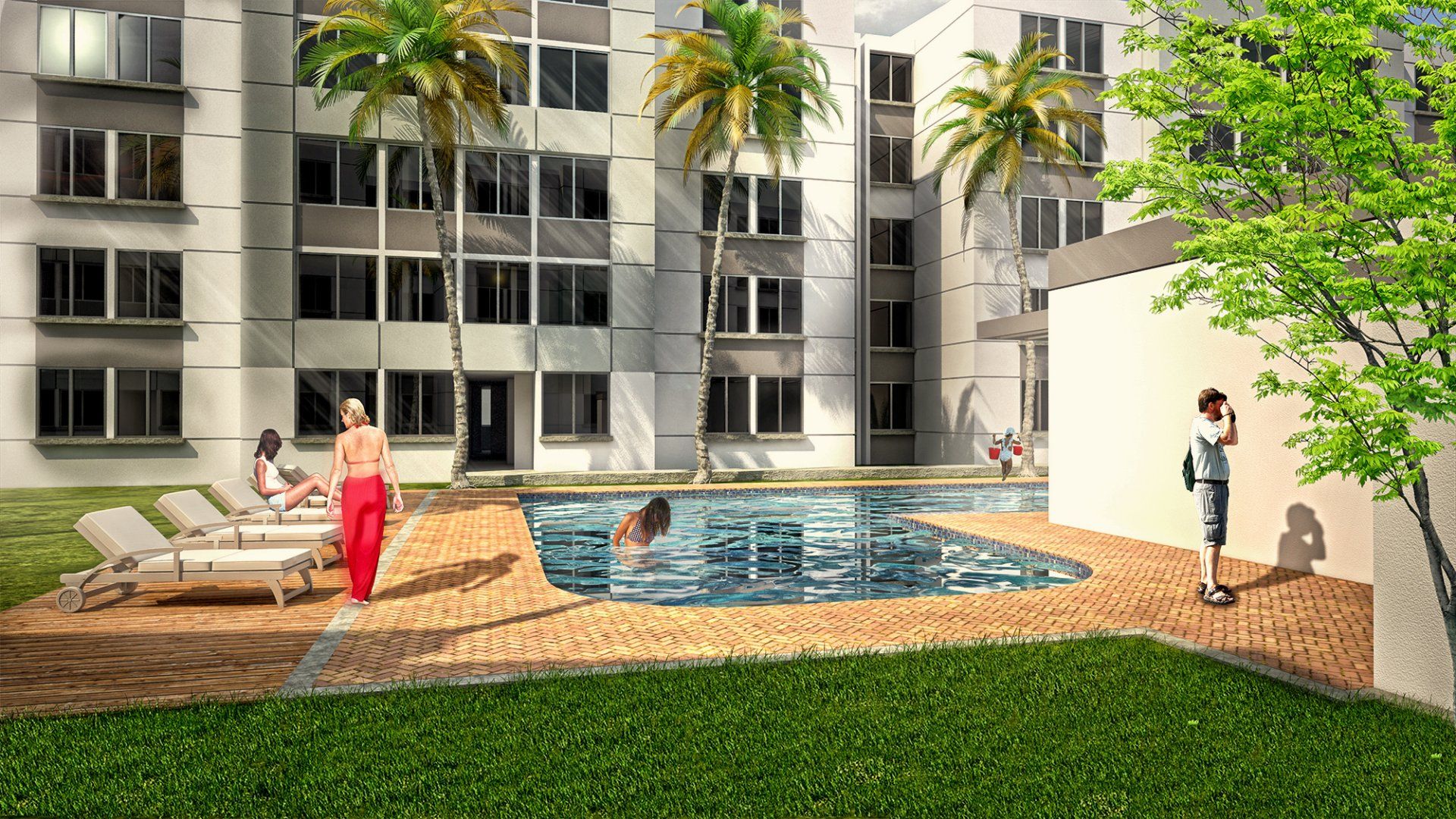 Una impresión artística de una piscina frente a un edificio