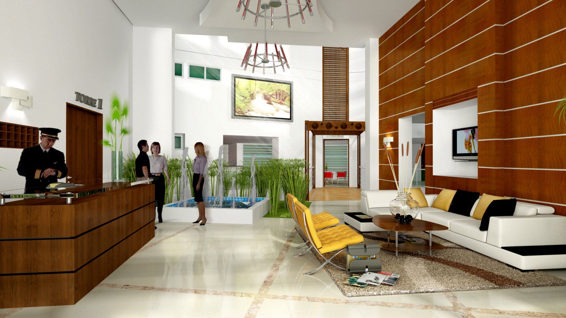 Una impresión artística de un vestíbulo con un sofá y sillas