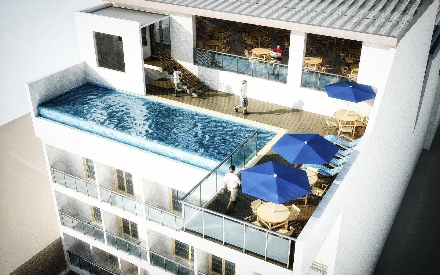 Una vista aérea de un edificio con una piscina encima