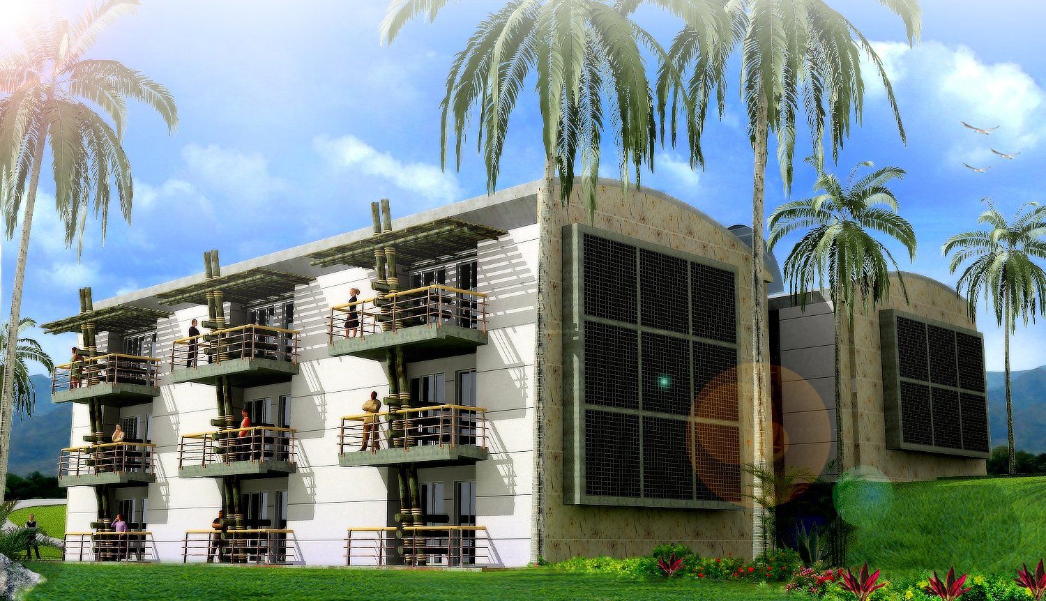 Una impresión artística de un edificio con palmeras al fondo