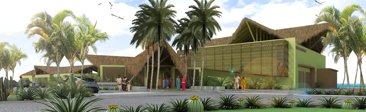 Una impresión artística de un edificio con palmeras frente a él