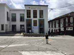 Una mujer está parada frente a un gran edificio blanco.