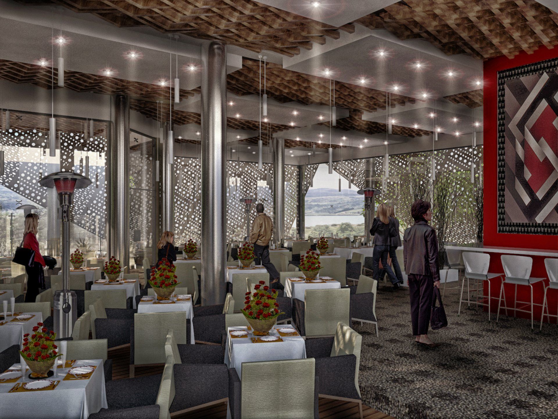 Una impresión artística de un restaurante con mesas y sillas