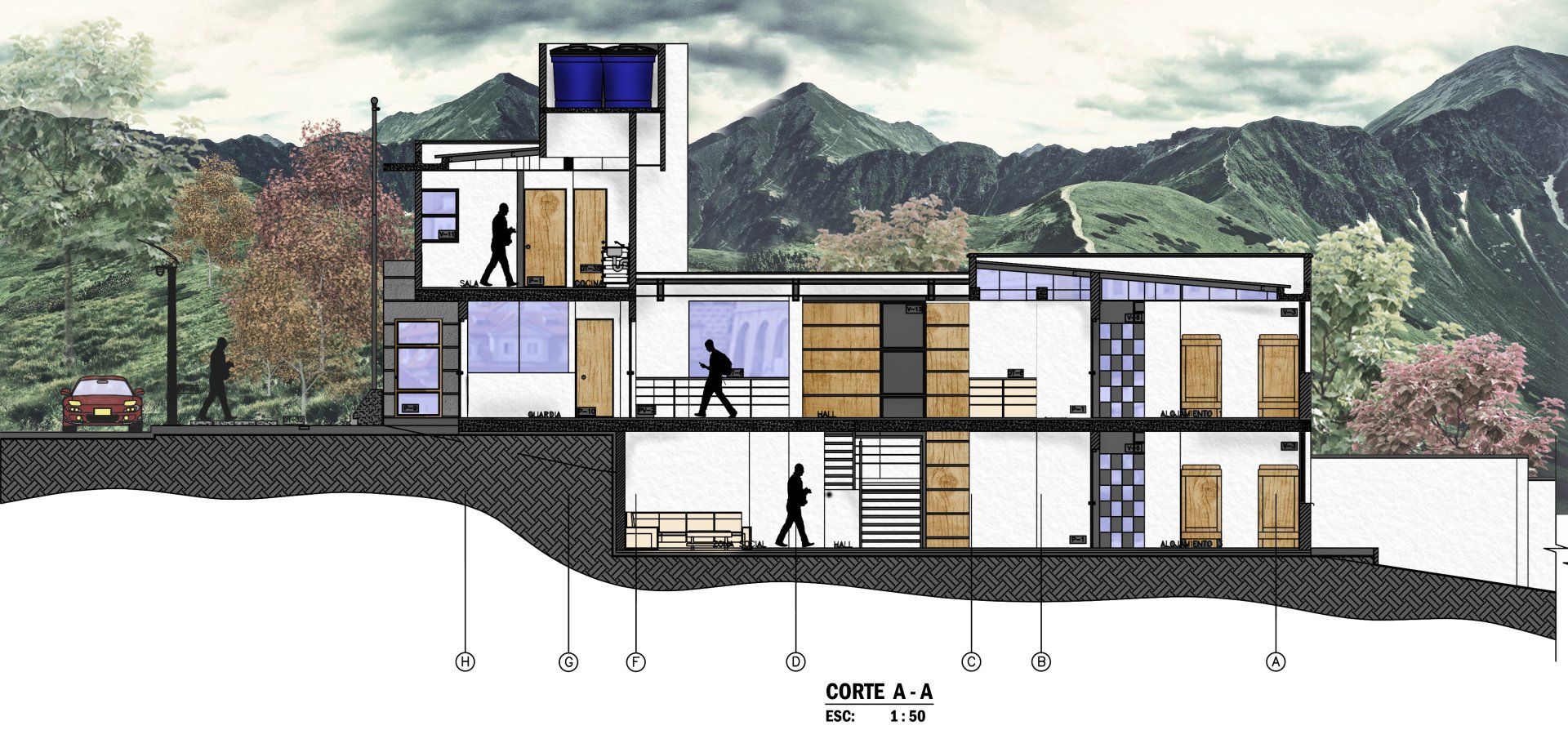Una sección transversal de un edificio con montañas al fondo