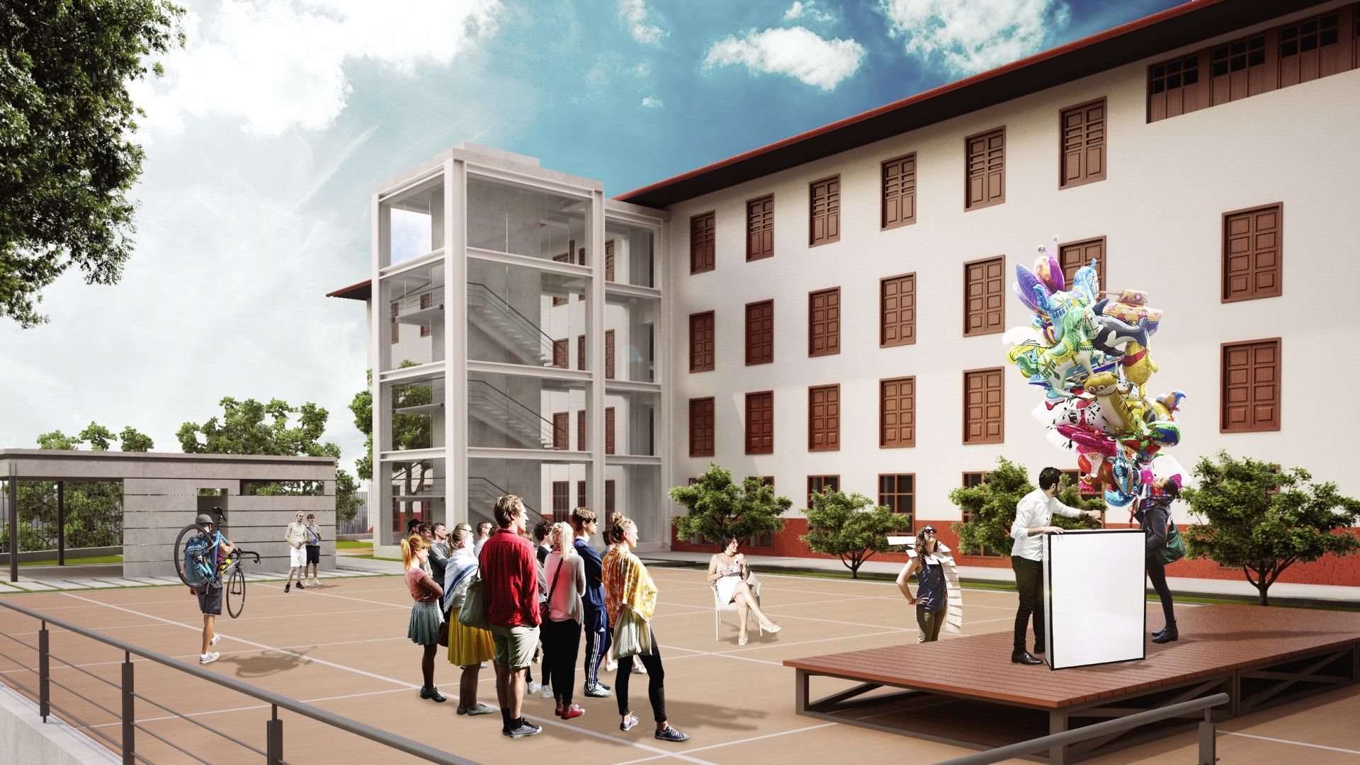 Un grupo de personas está parada frente a un gran edificio.