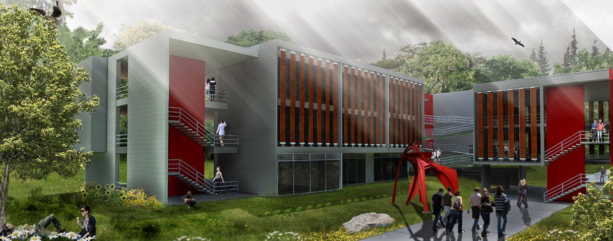 Un grupo de personas camina frente a un gran edificio.