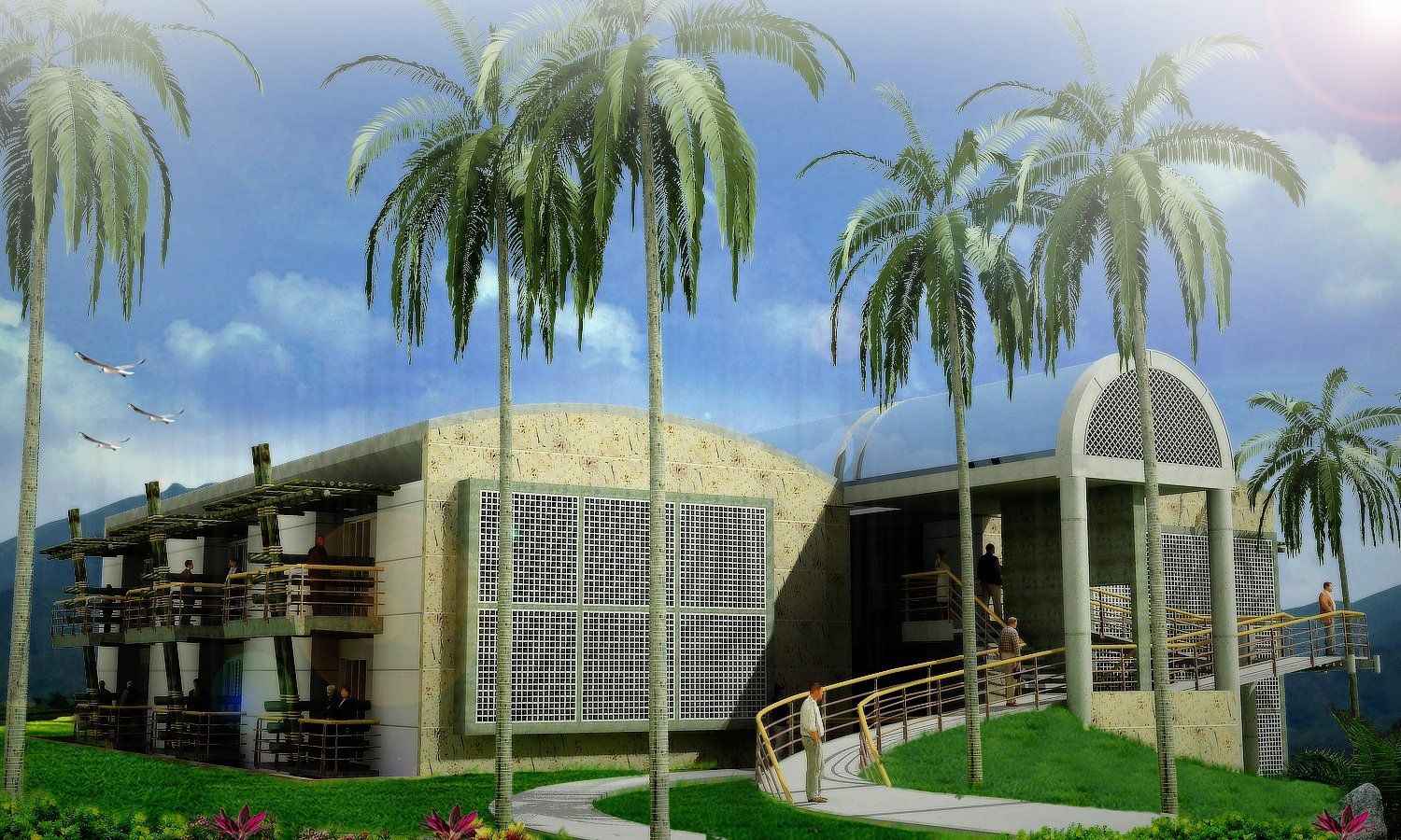 Una impresión artística de un edificio con palmeras frente a él