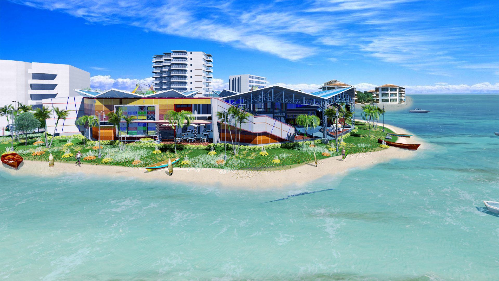 Una impresión artística de una pequeña isla en medio del océano.