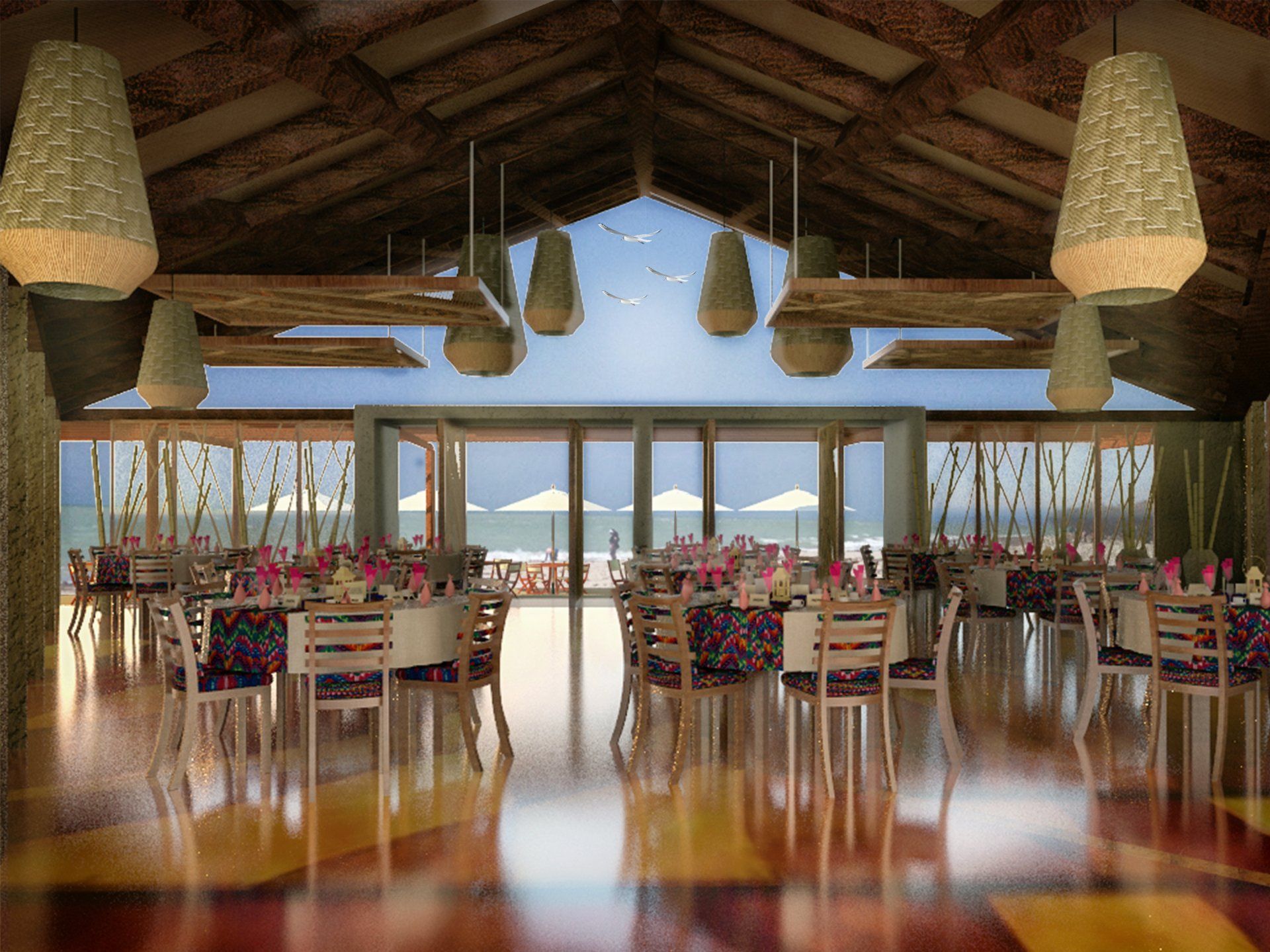 Una impresión artística de un restaurante con mesas y sillas