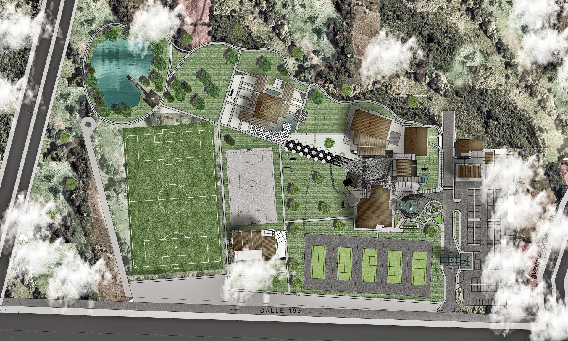 Una vista aérea de un parque con mucha hierba y árboles