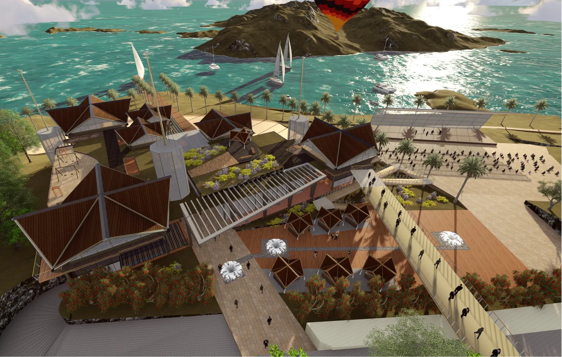 Una vista aérea de una isla tropical con un globo aerostático al fondo