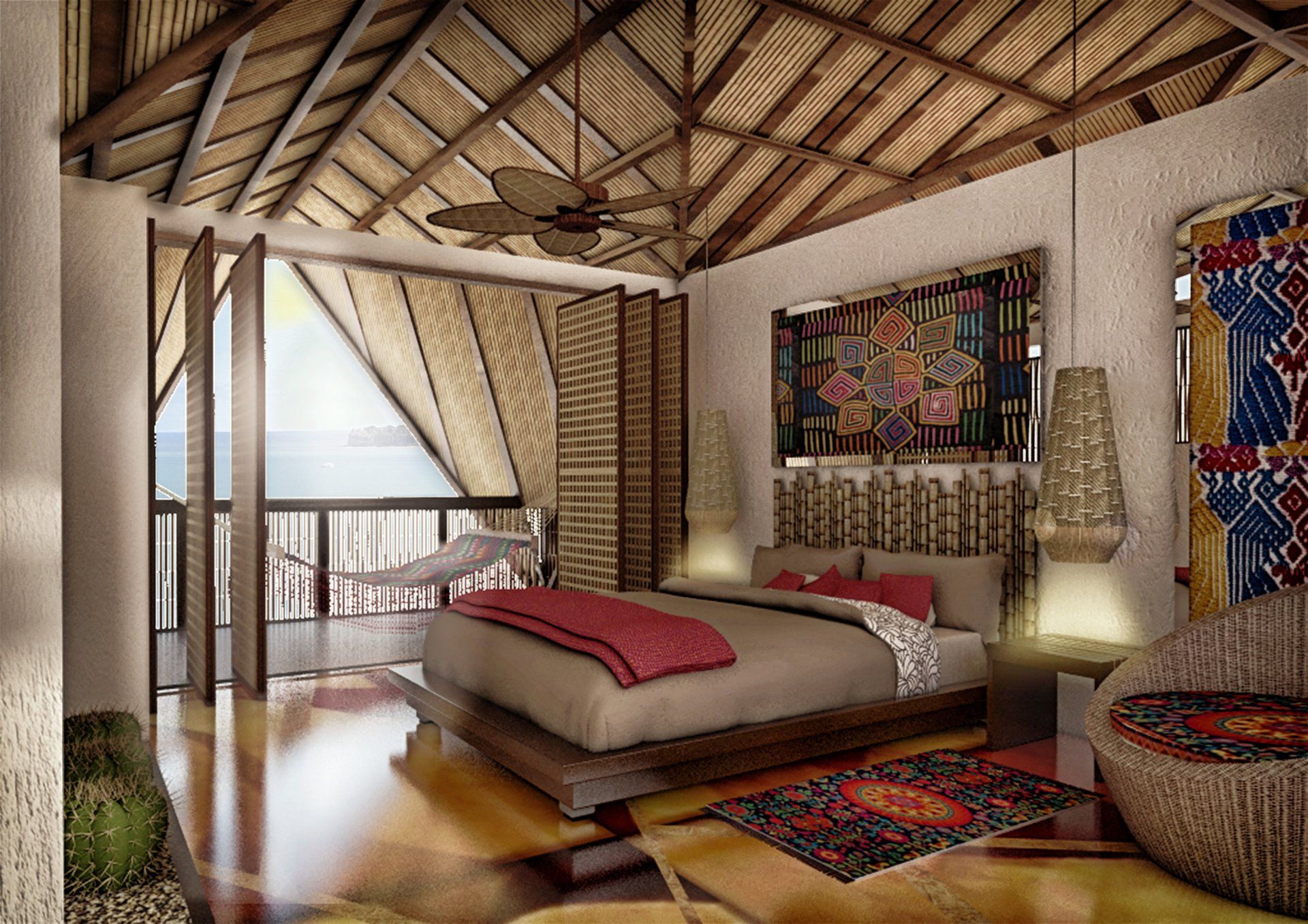 Un dormitorio con cama king size y ventilador de techo.