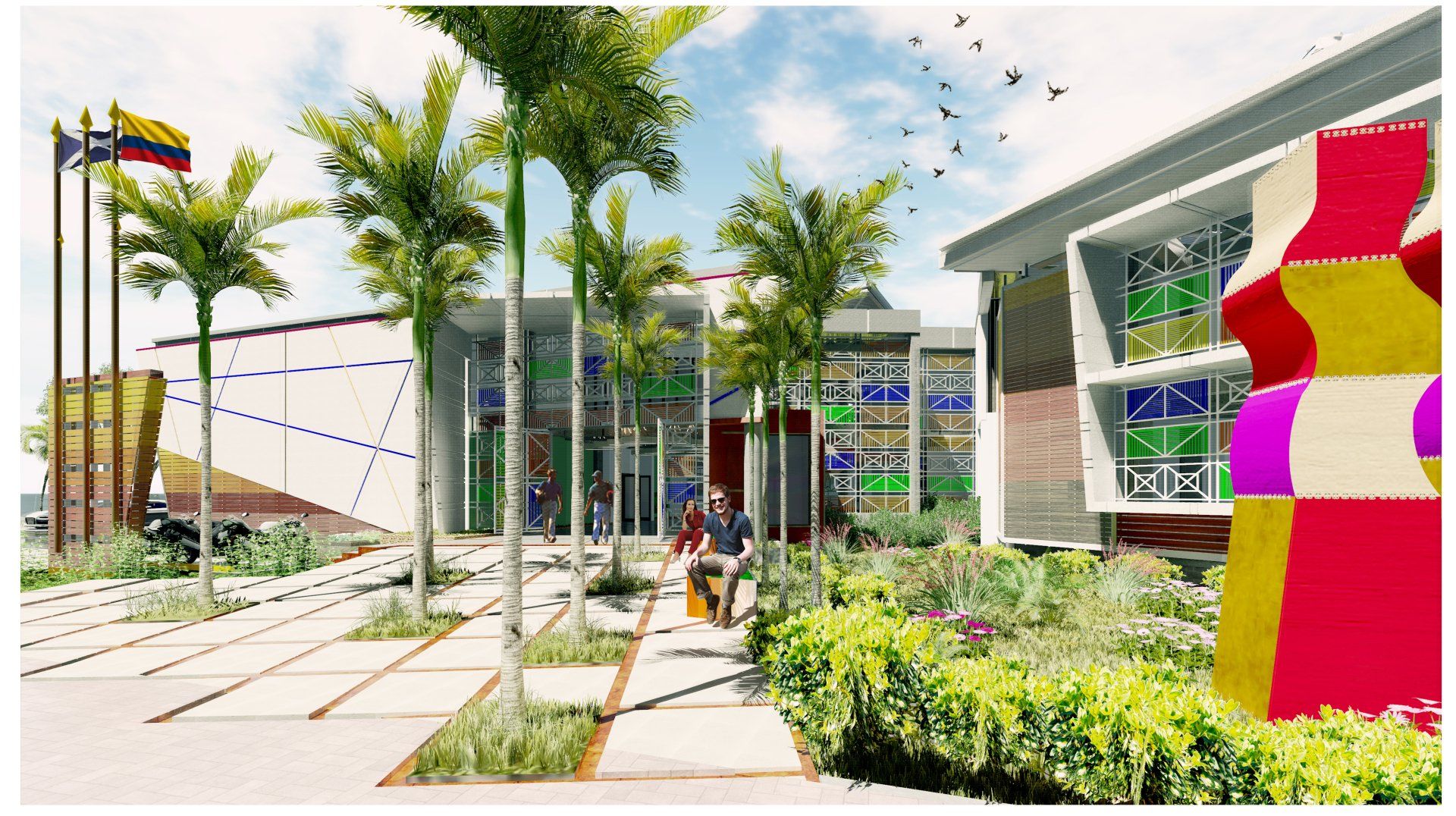 Una impresión artística de un edificio con palmeras frente a él.