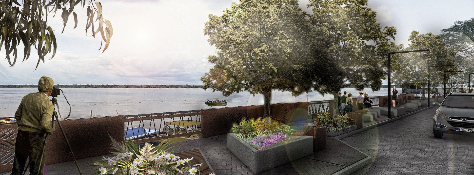 Un hombre está tomando una fotografía de un cuerpo de agua con una cámara.