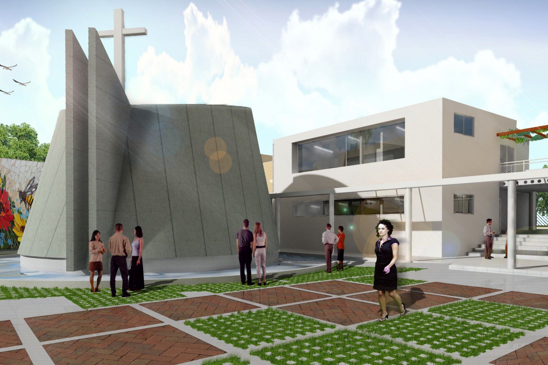 Un grupo de personas paradas frente a un edificio con una cruz