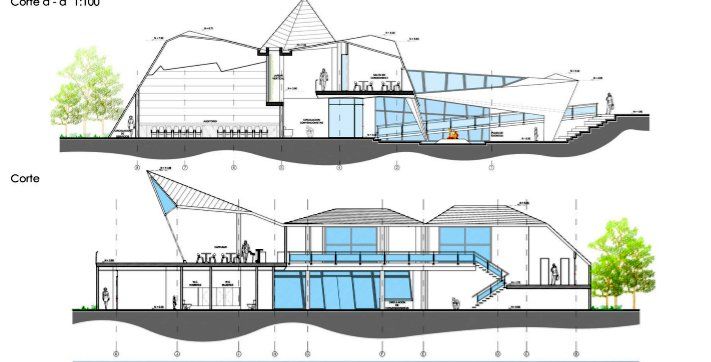 Un dibujo de dos secciones de un edificio con árboles al fondo