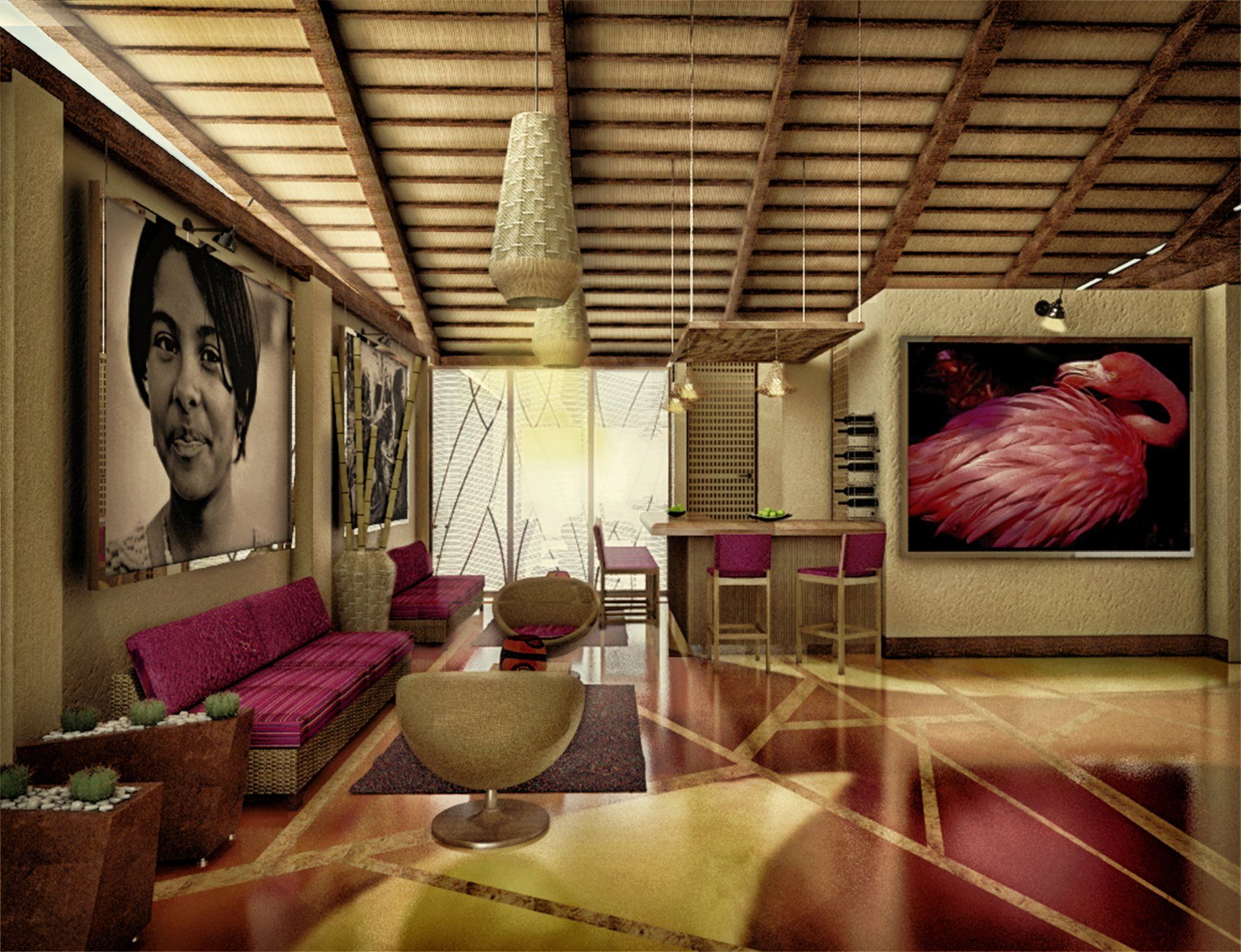 Una sala de estar con un sofá rosa y una imagen de un flamenco en la pared