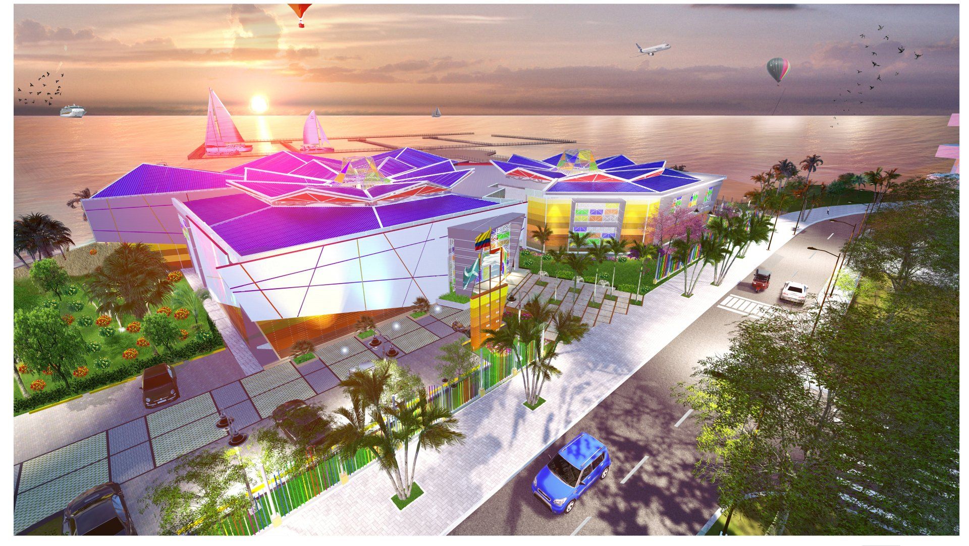 Una vista aérea de un edificio al lado de un cuerpo de agua.