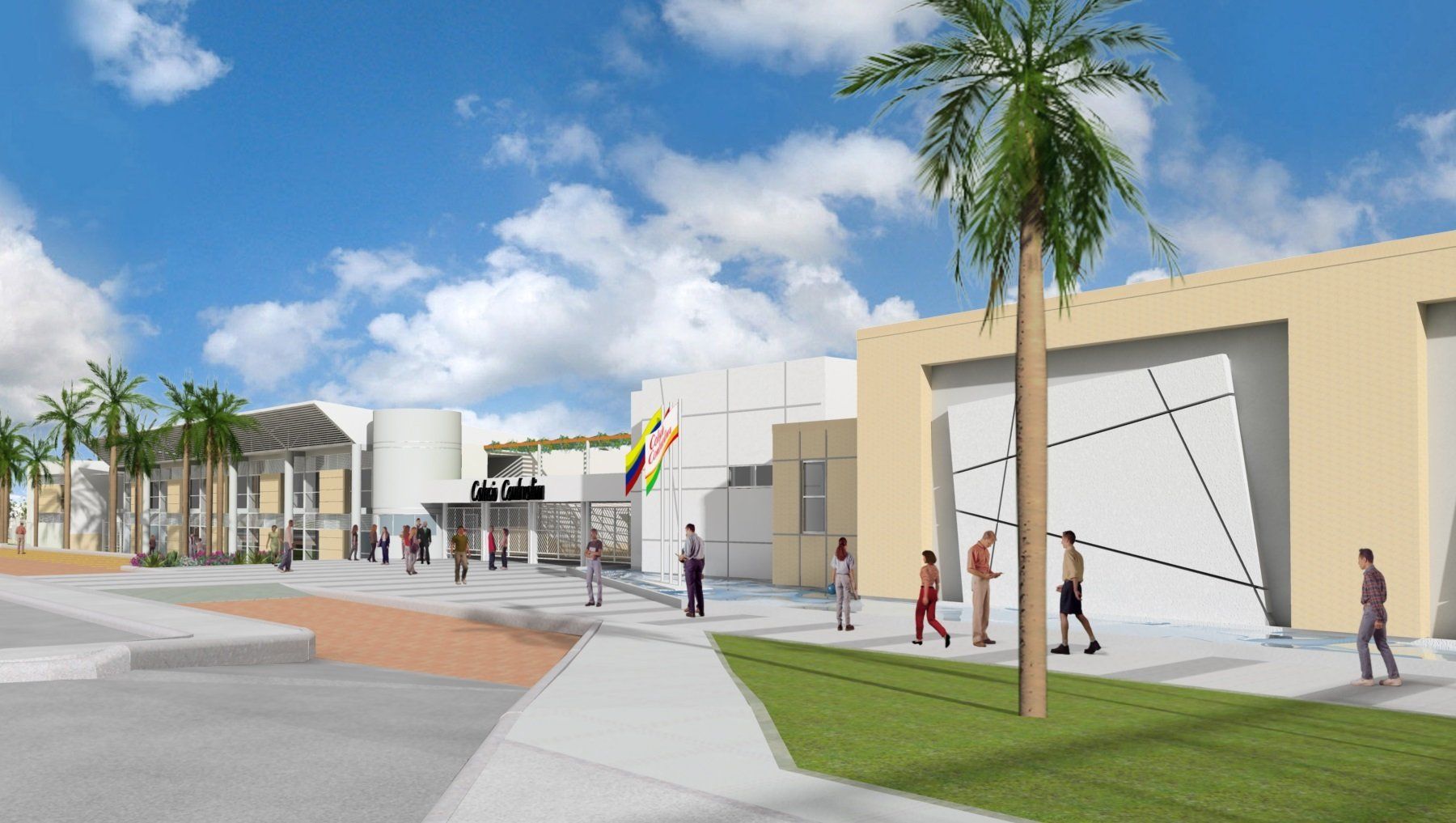 Un grupo de personas caminando frente a un edificio con palmeras