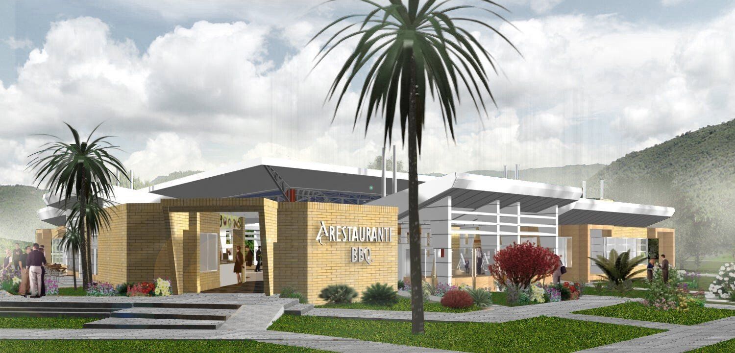 Una impresión artística de un edificio con una palmera frente a él