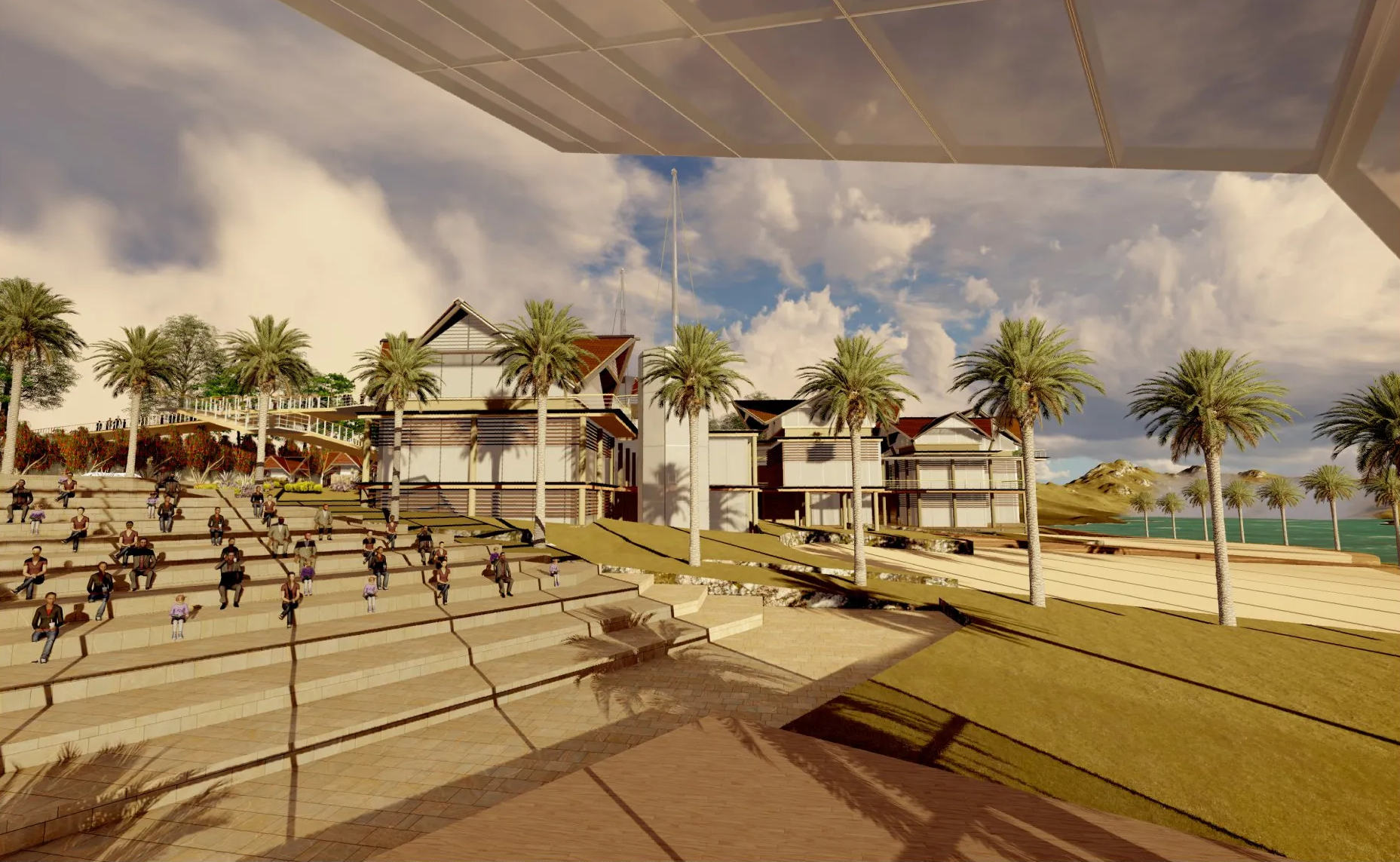 Un grupo de personas baja las escaleras hacia la playa.