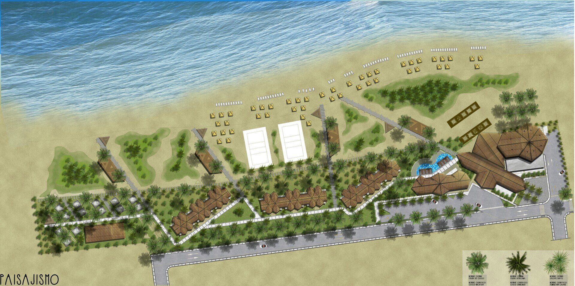 Una vista aérea de una playa con muchos árboles y edificios