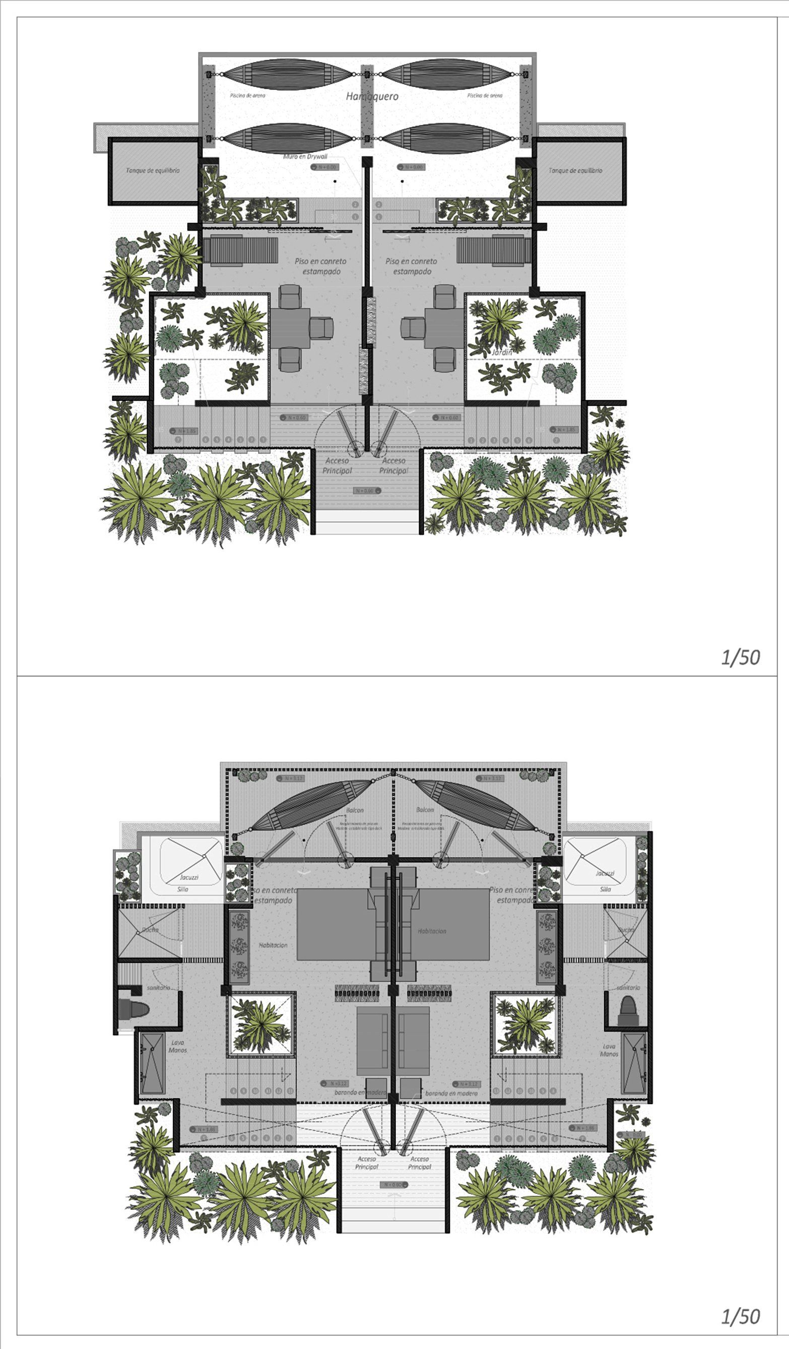 Plano en blanco y negro de una casa con piscina.