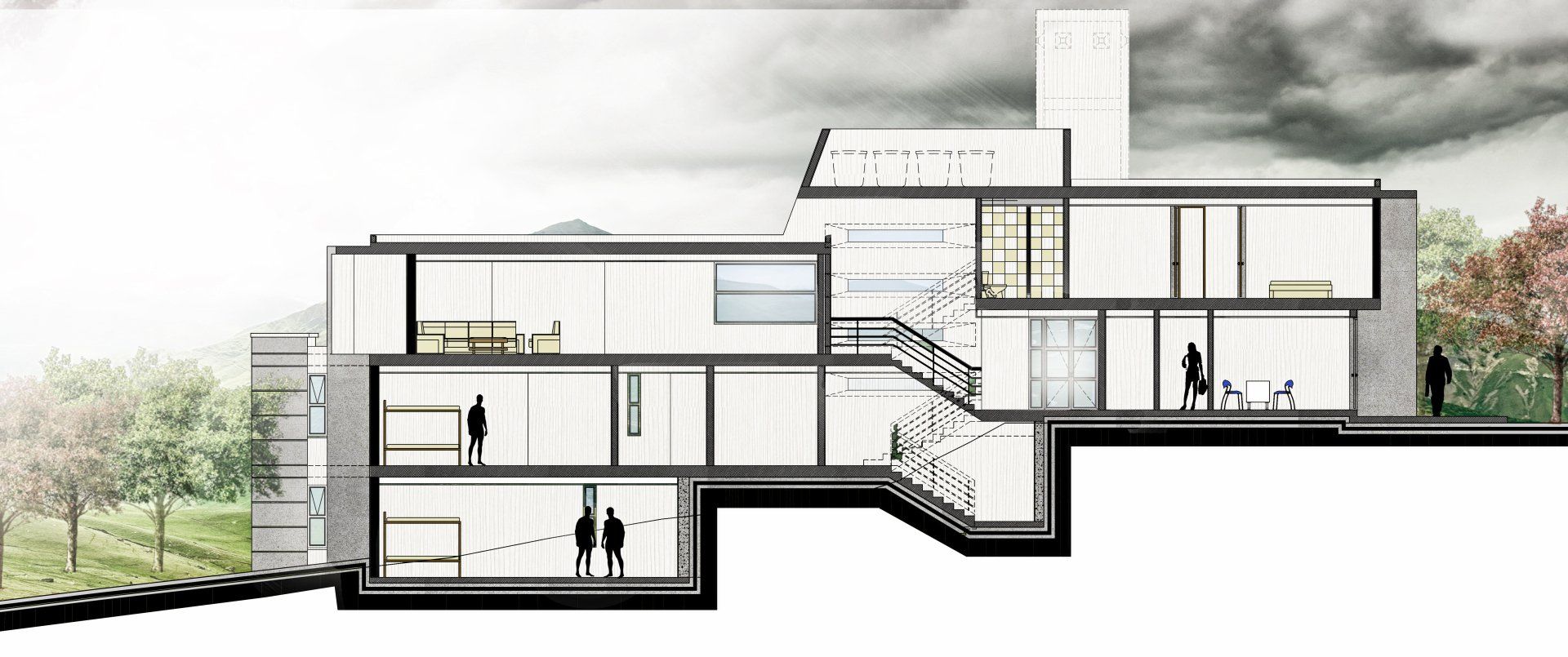 Un dibujo en blanco y negro de una casa cortada por la mitad