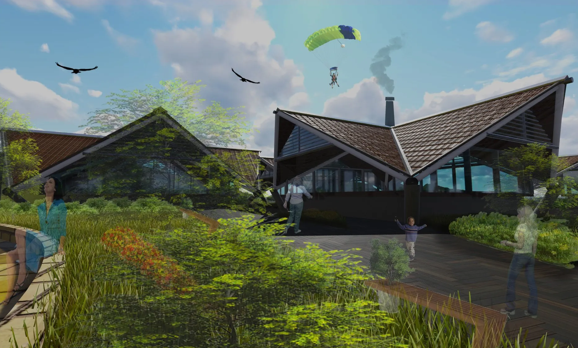 Una impresión artística de una casa con un paracaídas volando en el cielo.