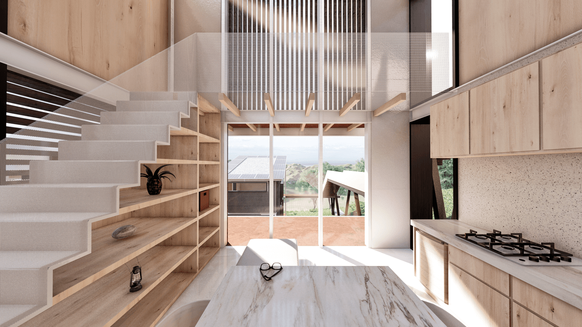 Una cocina con gabinetes de madera y una escalera que conduce al segundo piso.