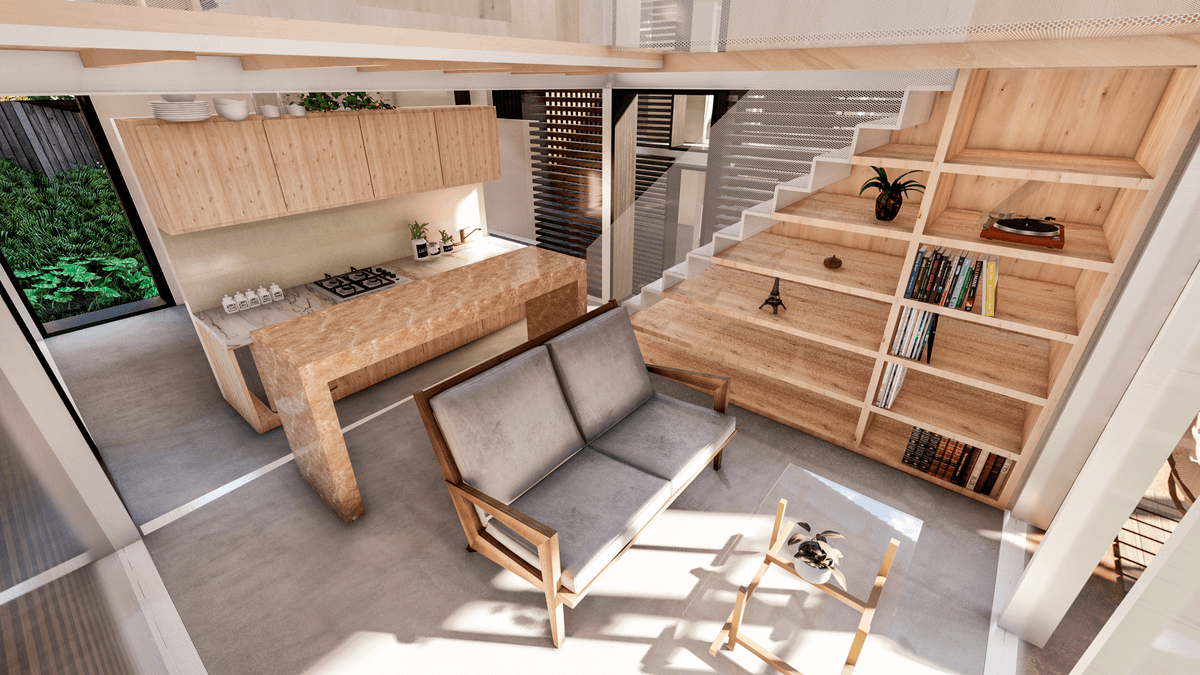 Vista aérea de una sala de estar con sofá, mesa y estantes.