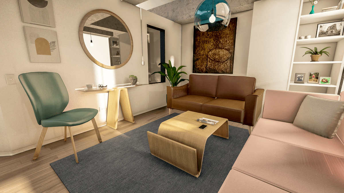 Una sala de estar con sofá, silla, mesa de café y espejo.